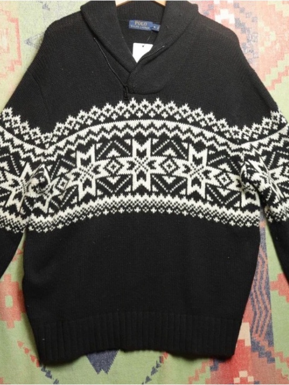 Polo by Ralph Lauren Black and White Zip Shawl-Collar Fair Isle Sweater